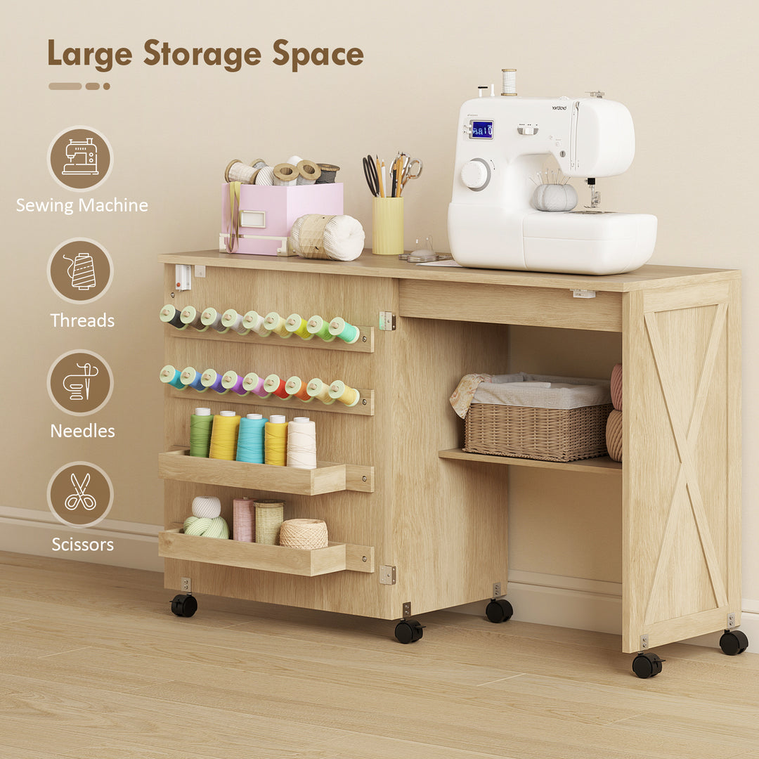 HOMCOM Sewing Machine Table on Wheels, Folding Craft Table with 2 Bins, Storage Shelf, 18 Pegs, Lockable Wheels, Brown