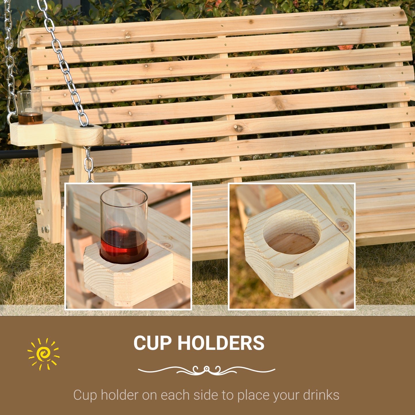 Outsunny 2 Seater Porch Swing Wooden Patio Swing Chair Seat with Cup Holder and Chains Outdoor Swing Bench for Garden Yard, Black