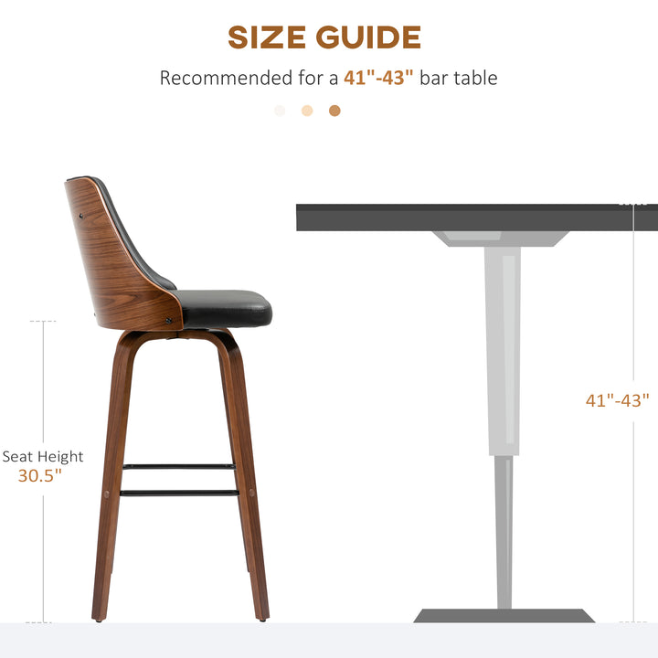 HOMCOM Bar Height Bar Stools Set of 2 PU Leather Upholstered Swivel Barstools with Solid Wood Legs Footrest and Tufted Back, Black