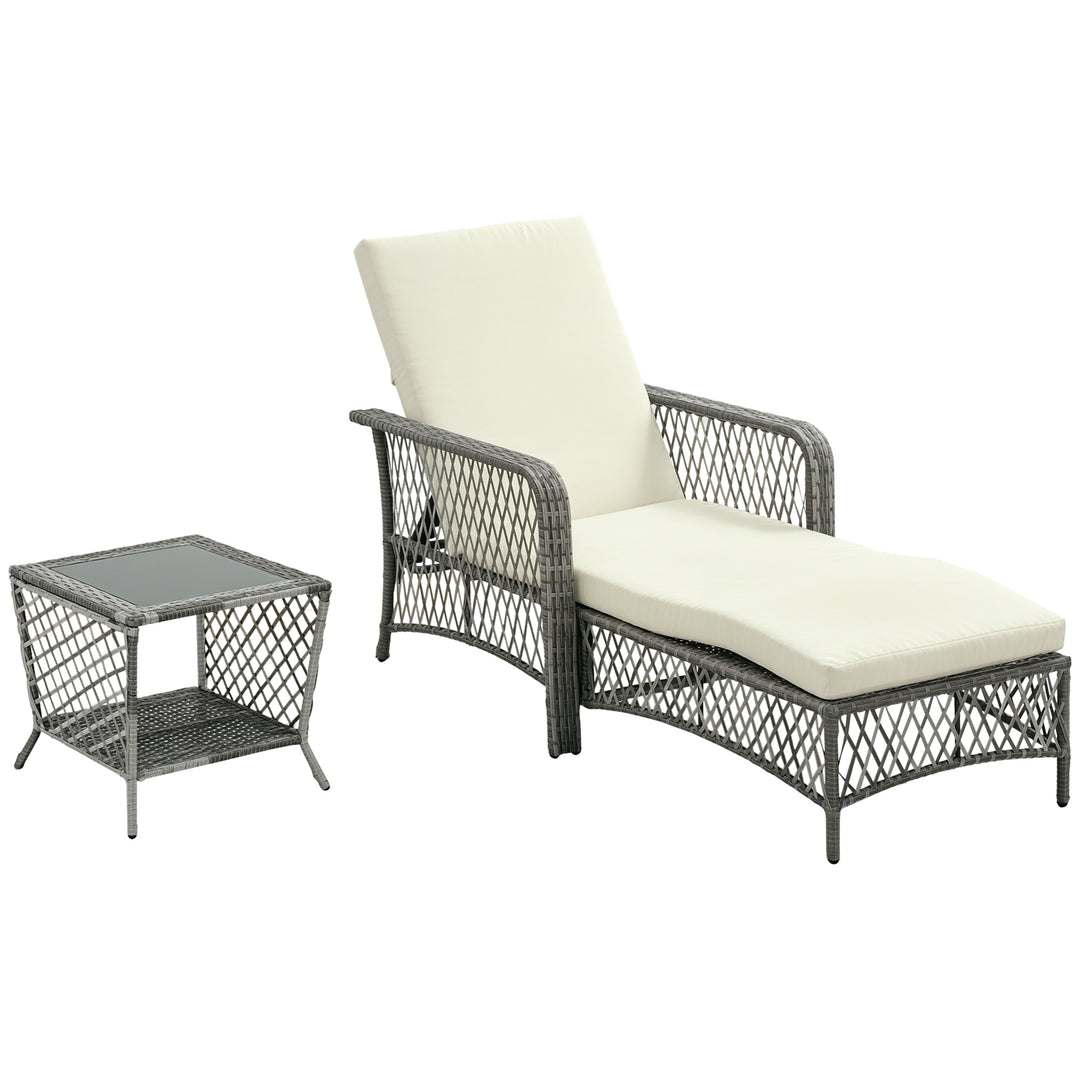 Outsunny 2 Pieces Wicker Patio Lounge Set w/ Cushions, Outdoor PE Rattan Sun Lounger Sets w/ 5-Level Reclining Chaise Chair & Two-tier Glass Top Coffee Table, Cream White