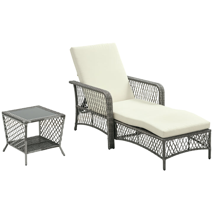Outsunny 2 Pieces Wicker Patio Lounge Set w/ Cushions, Outdoor PE Rattan Sun Lounger Sets w/ 5-Level Reclining Chaise Chair & Two-tier Glass Top Coffee Table, Cream White
