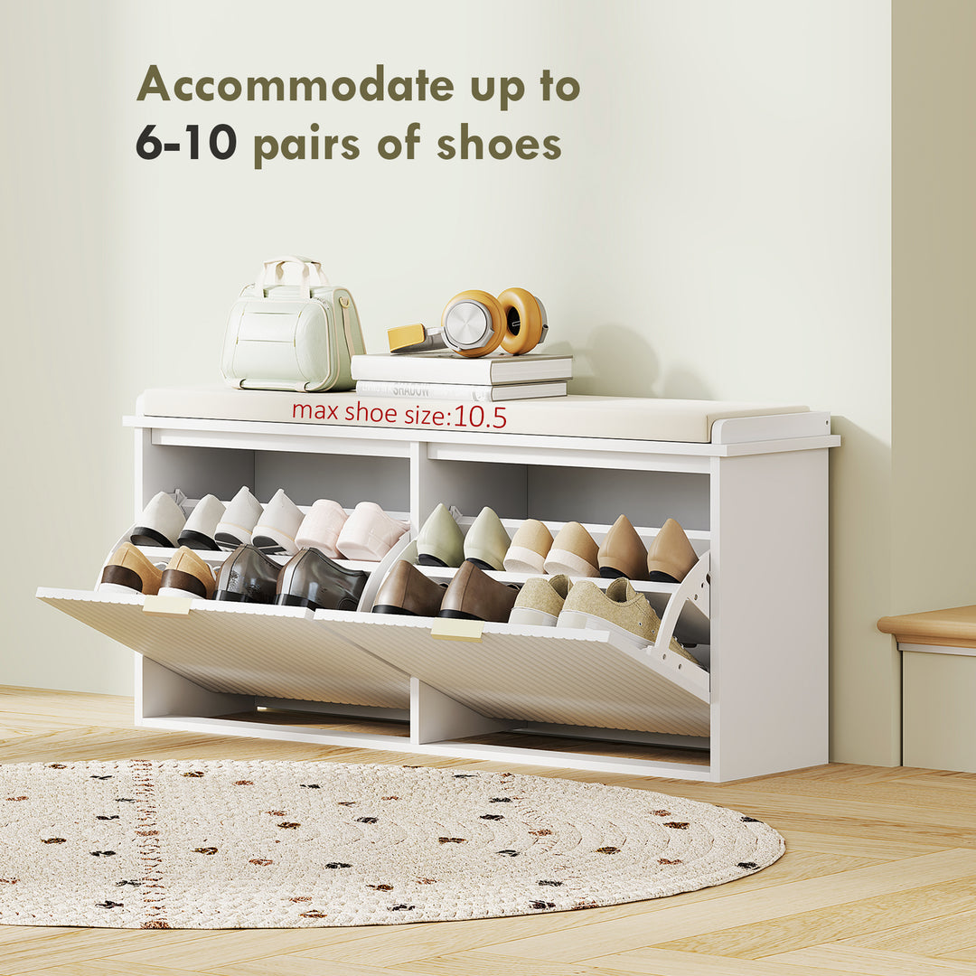 HOMCOM Entryway Bench with Padded Seat and Flip-Drawers, Holds up to 529lbs, Shoe Storage Bench for 10 Pairs of Shoes, White