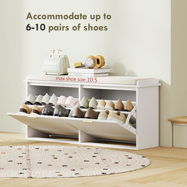 HOMCOM Entryway Bench with Padded Seat and Flip-Drawers, Holds up to 529lbs, Shoe Storage Bench for 10 Pairs of Shoes, White