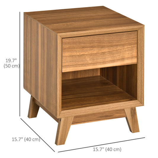 HOMCOM Bedside Table for Bedroom, Nightstand with Drawer and Shelf, Modern Side End Table, Walnut Brown