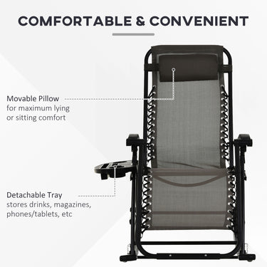 Outsunny 2 in 1 Adjustable Zero Gravity Reclining Lounge Chair Garden Recliner and Rocker Foldable Sun Lounger Napping Seat w/ Headrest & Tray Grey