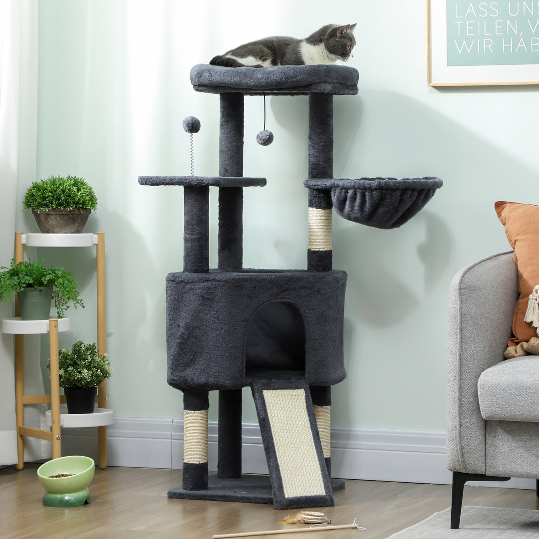 PawHut 47 Inch Cat Tree, Cat Tower for Indoor Cats with Cozy Condo, Bed, Toy Balls, Sisal Scratching Posts, Hammock, Dark Grey