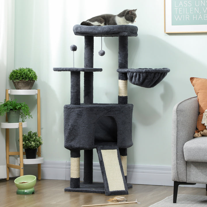 PawHut 47 Inch Cat Tree, Cat Tower for Indoor Cats with Cozy Condo, Bed, Toy Balls, Sisal Scratching Posts, Hammock, Dark Grey