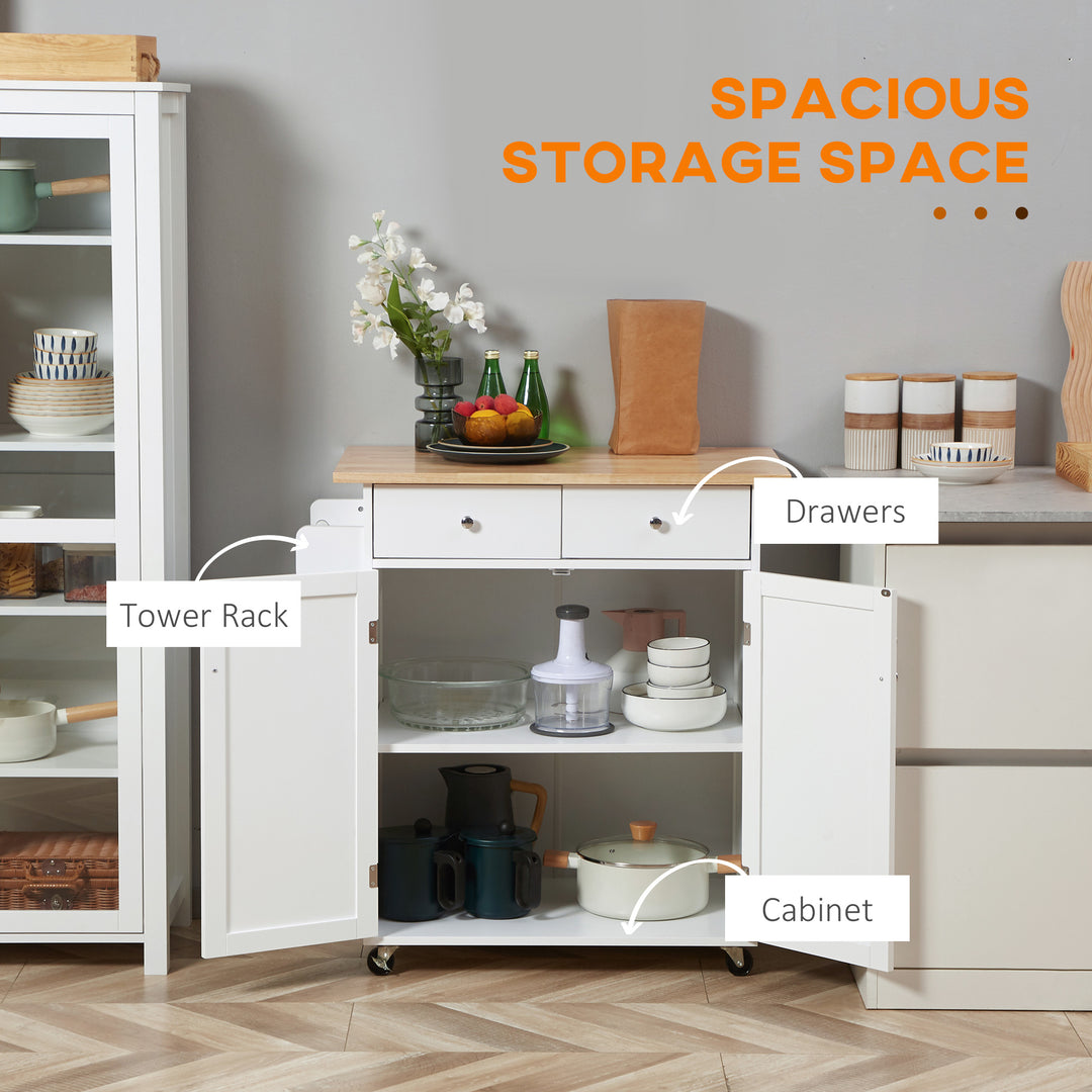 HOMCOM Rolling Kitchen Island with Storage, Kitchen Cart with Rubber Wood Top, Adjustable Shelf, Towel Rack, Hooks and Storage Drawers, White