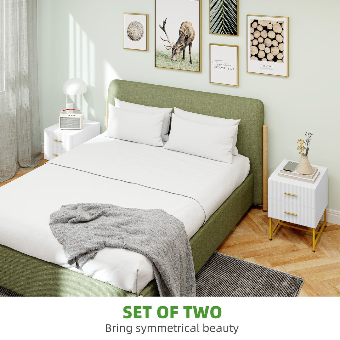 HOMCOM 2 Pieces Nightstands with Storage, Modern Bedside Tables with 2 Fluted Drawers and Gold Legs for Bedroom, White