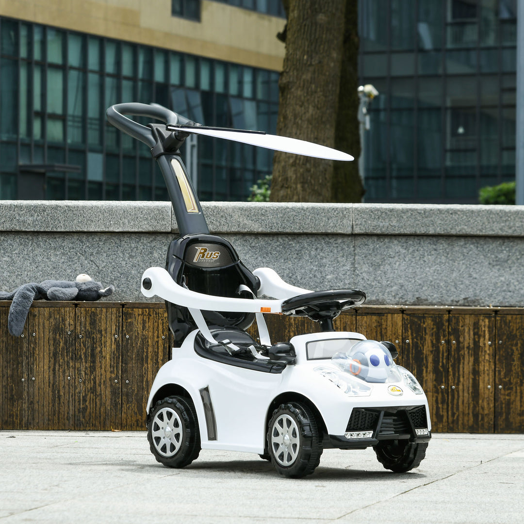 Qaba 3 in 1 Kids Push Car Toddler Sliding Car, Foot to Floor Design with Music, Light, Handle, Removable Canopy, White