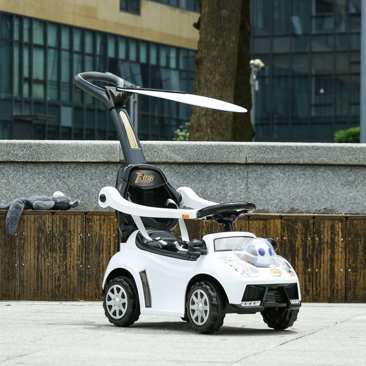 Qaba 3 in 1 Kids Push Car Toddler Sliding Car, Foot to Floor Design with Music, Light, Handle, Removable Canopy, White