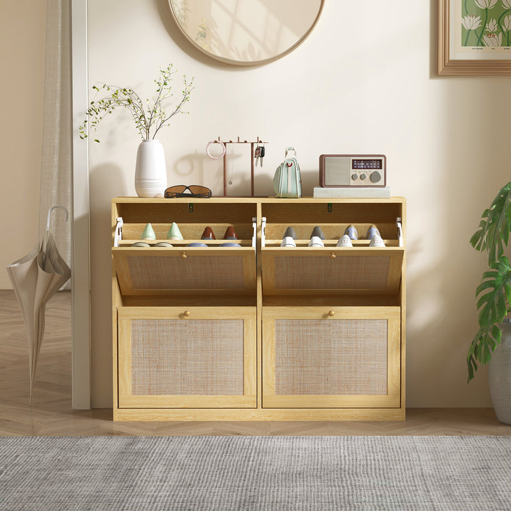 HOMCOM Narrow Shoe Storage Cabinet, Rattan Shoe Cabinet with 4 Flip Drawers and Adjustable Shelves for 20 Pairs, Black