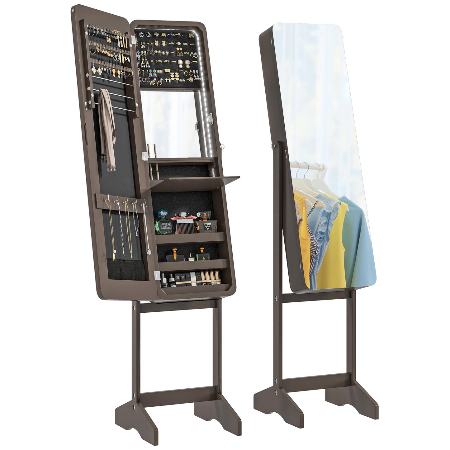 HOMCOM Freestanding Mirror Jewelry Cabinet Armoire, LED Lighted Jewelry Organizer with Stand, Angle Adjustable, White