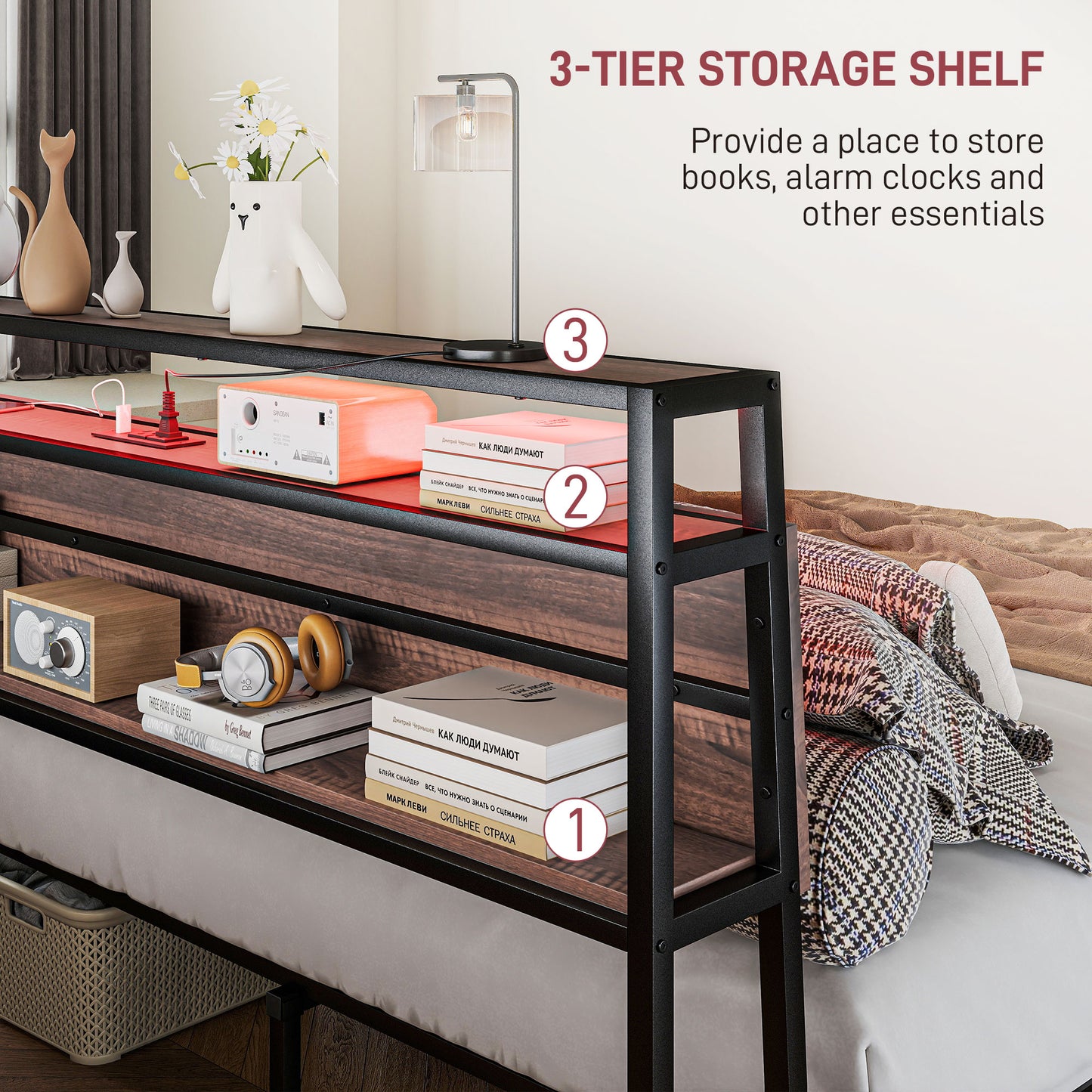 HOMCOM Queen Size Bed Frame with LED Lights and Charging Station, Queen Bed Frame with Storage Headboard, Noise-Free, Walnut