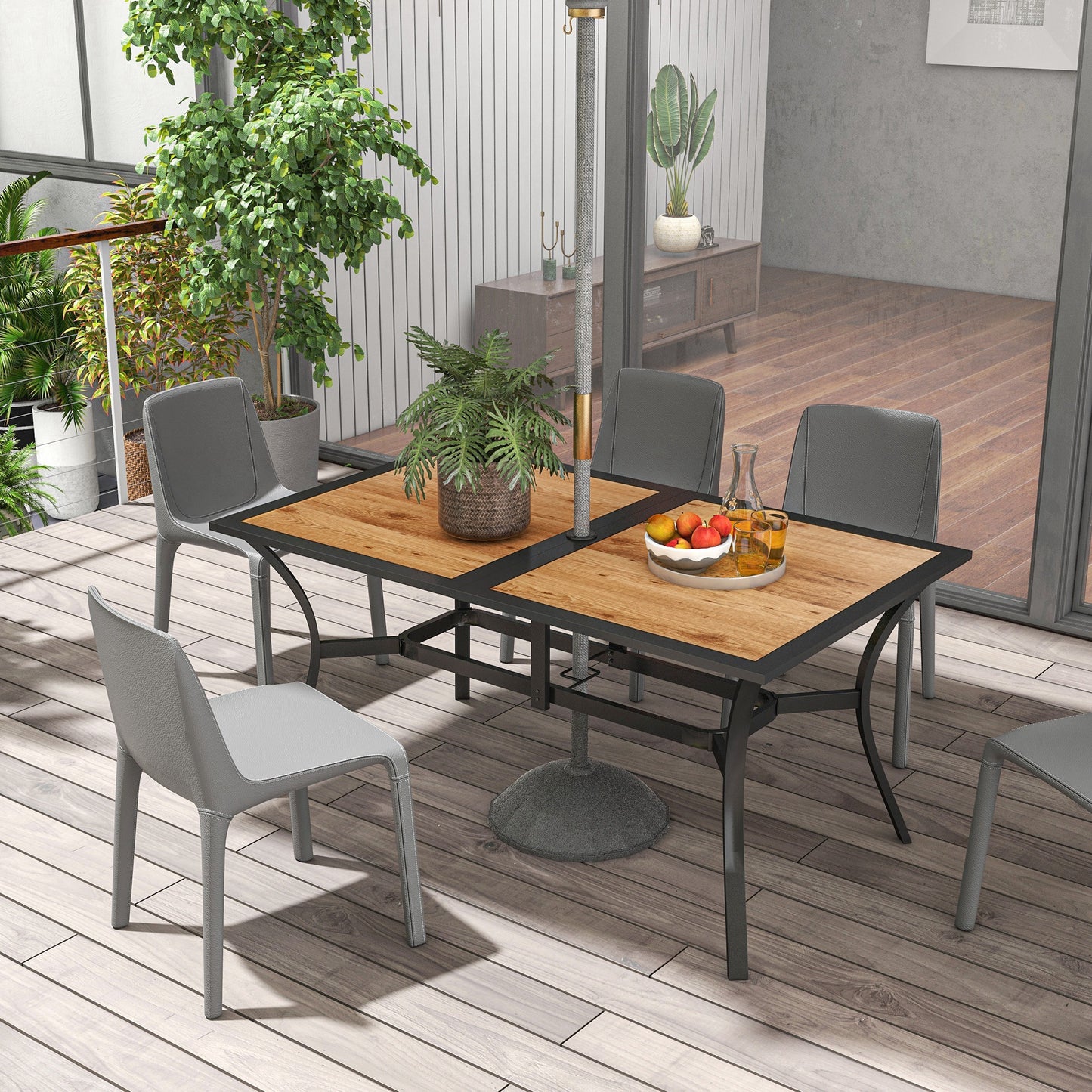 Outsunny Patio Table with Umbrella Hole, Outdoor Dining Table for 6 People for Backyard, Lawn Balcony, 59" x 35", Brown