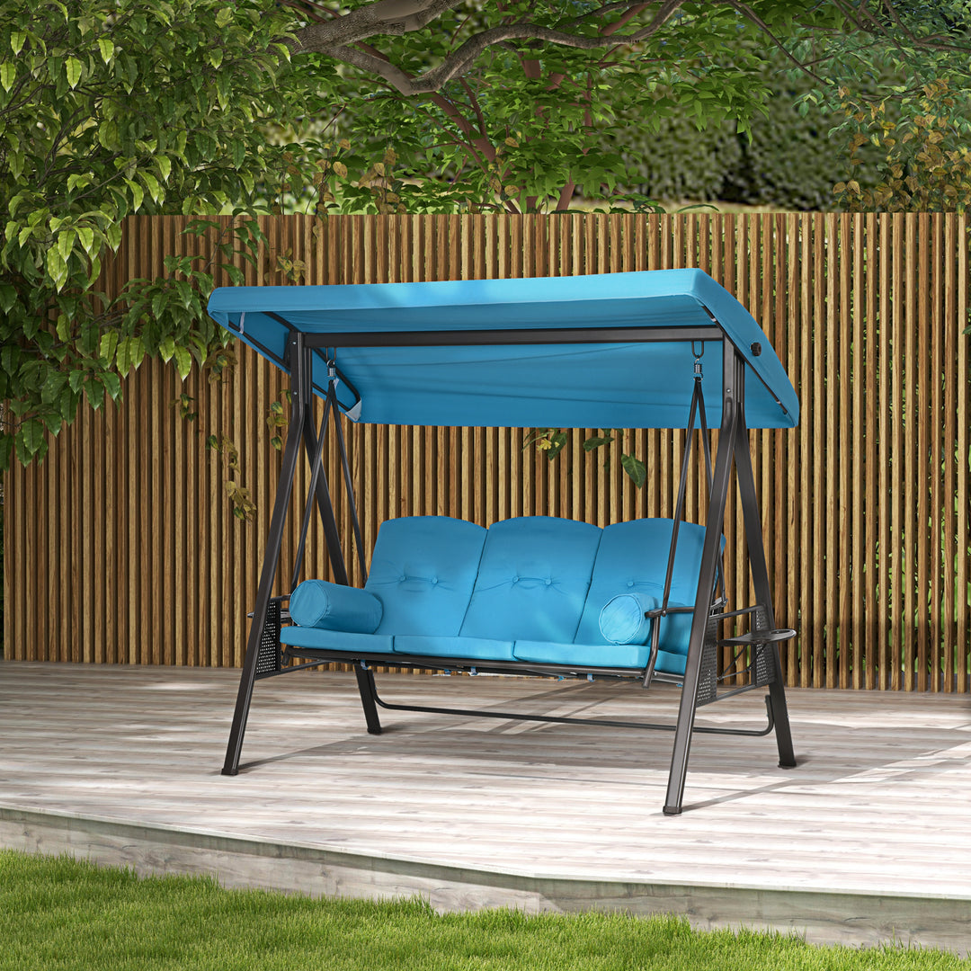 Outsunny Outdoor Patio 3-Person Steel Canopy Cushioned Seat Bench Swing with Included Side Trays & Padded Comfort, Light Blue