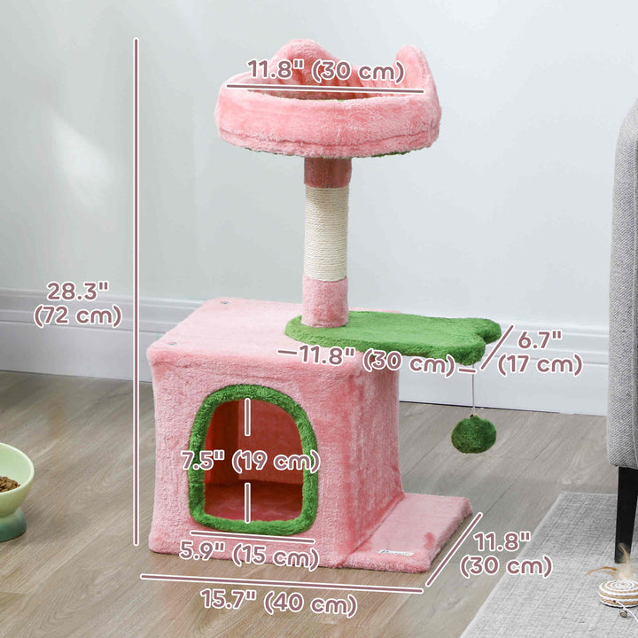PawHut 28" Cat Tree Tower with Plush Top Bed, Cozy Condo, Sisal Scratching Post, Perch, Dangling Ball, Light Grey