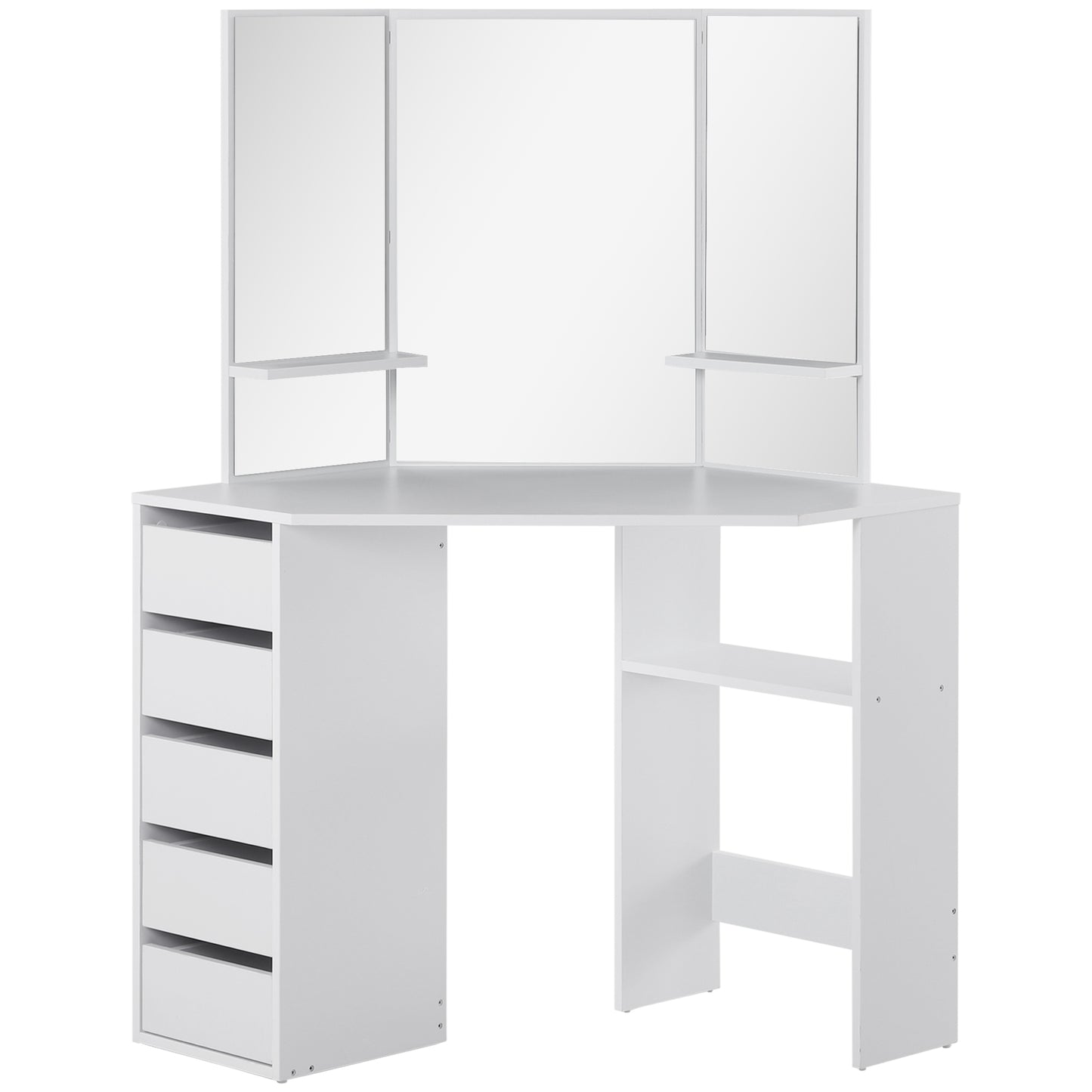 HOMCOM Corner Vanity Desk with Mirror, Makeup Vanity Table with 5 Drawers and Open Shelves, Dressing Table with 3-piece Mirror for Bedroom, Black