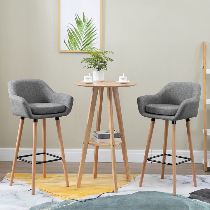 HOMCOM Modern Upholstered Fabric Seat Bar Stools Chairs Set of 2 with Metal Frame, Solid Wood Legs Living Room Dining Room Furniture Grey