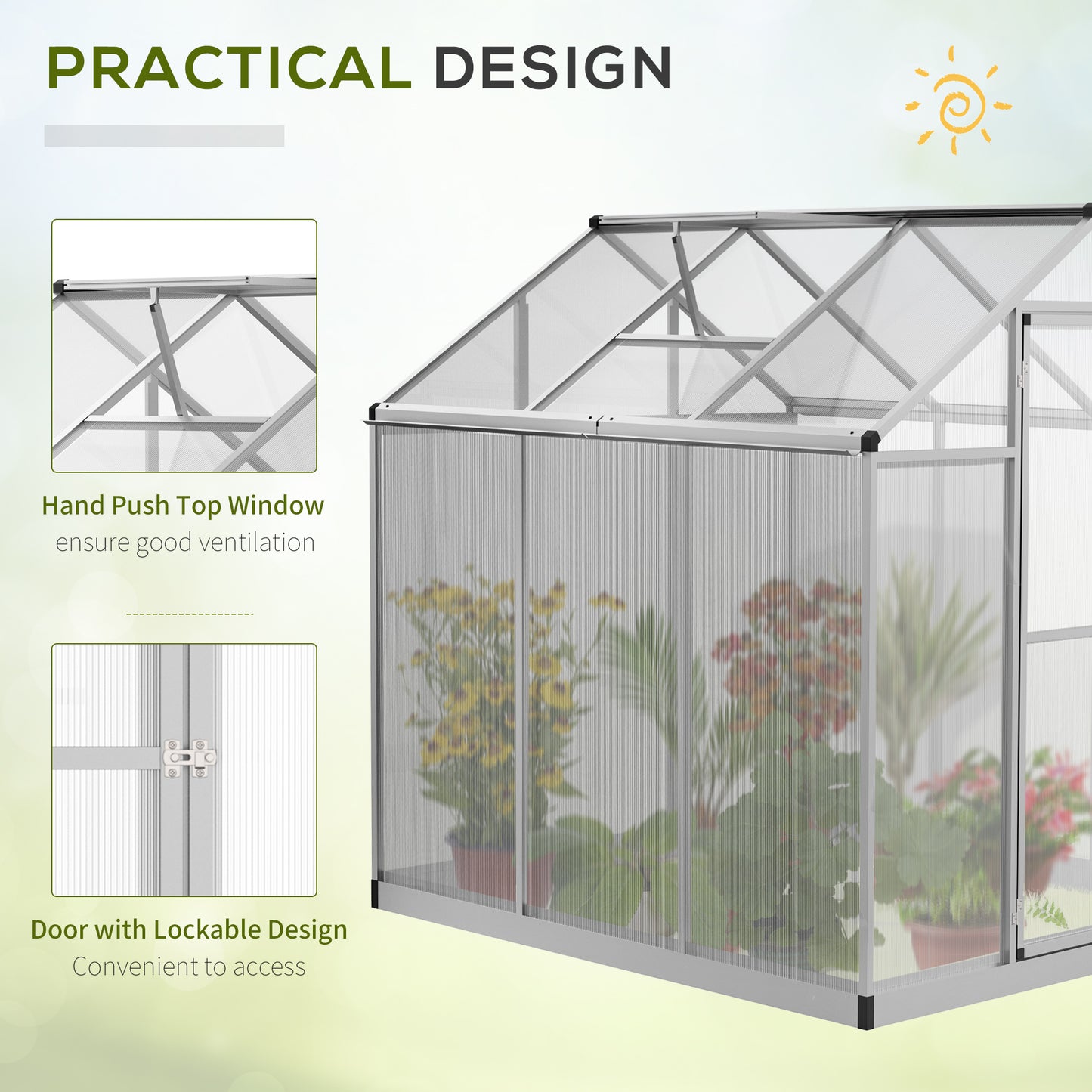 Outsunny 6' x 10' x 6.4' Walk-in Garden Greenhouse Polycarbonate Panels Plants Flower Growth Shed Cold Frame Outdoor Portable Warm House Aluminum Frame, Silver