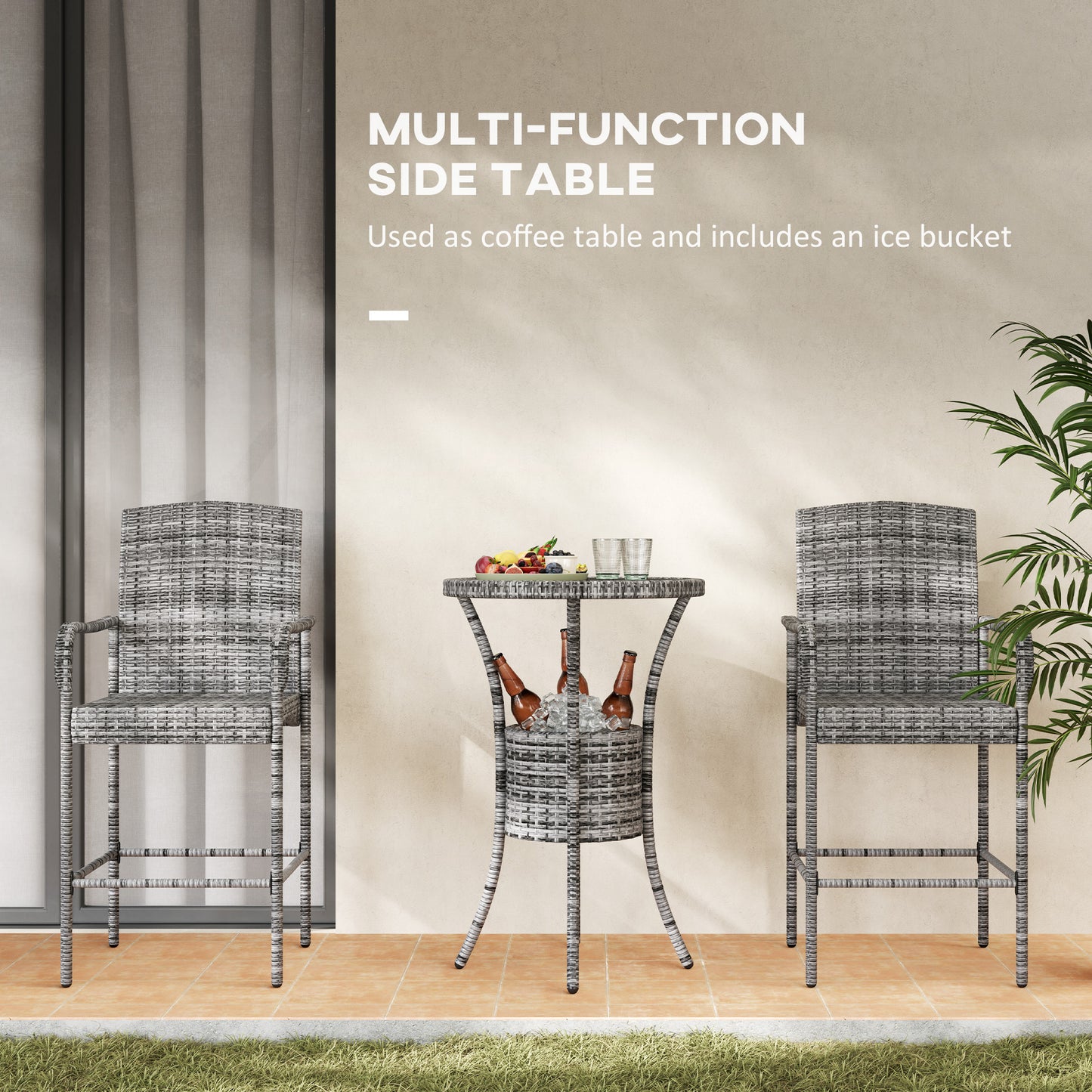 Outsunny 3 Pieces Patio Bar Set, Rattan Bistro Table and Chairs, Outdoor Conversation Furniture Set with Ice Bucket, Dark Brown