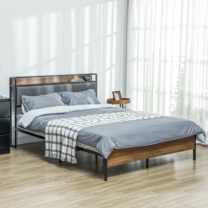 HOMCOM Full Size Bed Frame with Charging Station, Full Bed Frame with Upholstered Headboard and Storage Shelf, Walnut