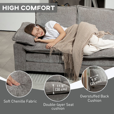 HOMCOM Sofa Couch with Chaise Lounge, Chenille L-shaped Couch with Double-layer Seat Cushion for Living Room, Grey