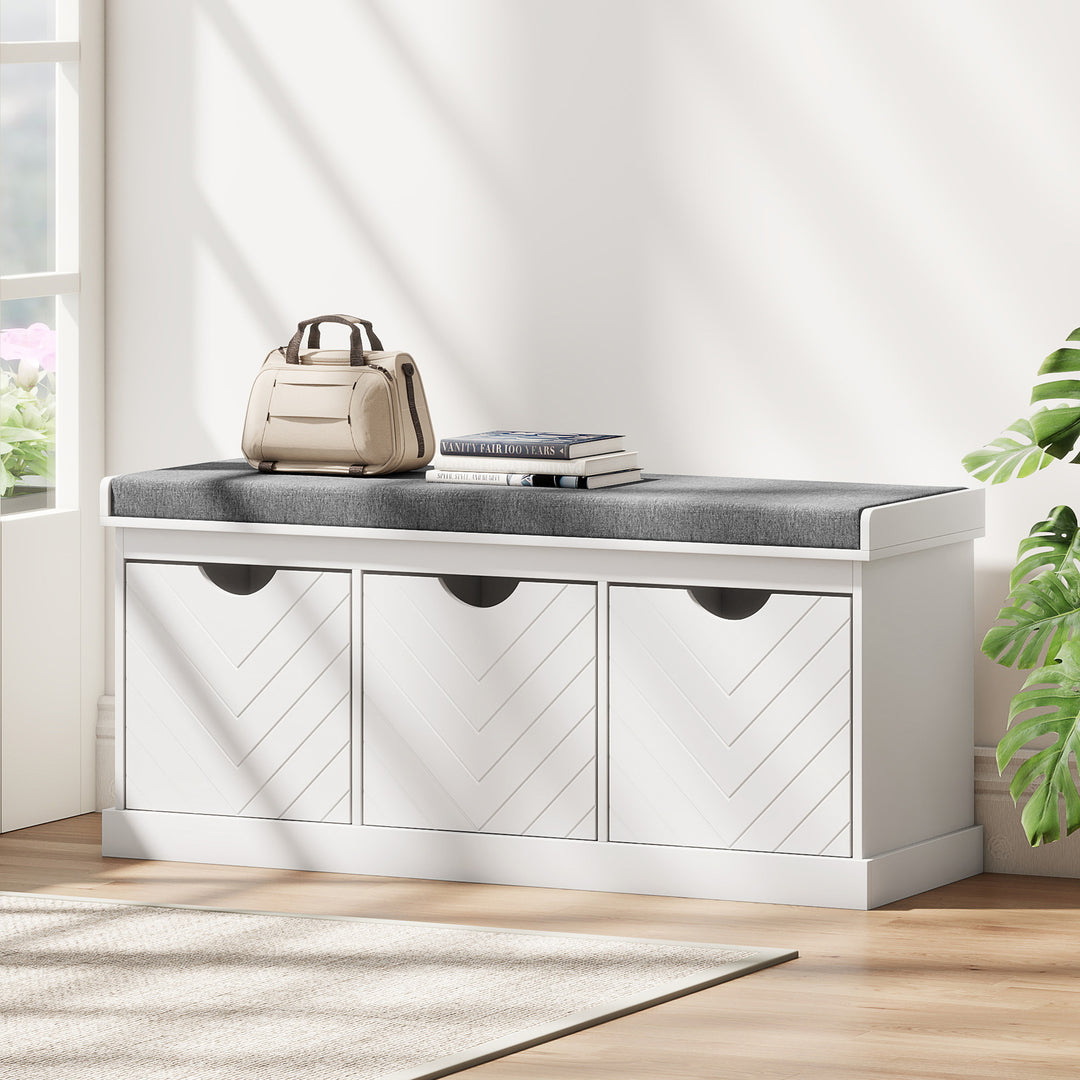 HOMCOM Shoe Storage Bench, Linen-Look Entryway Bench with 3 Removable Drawers and Padded Seat Cushion for Hallway, White