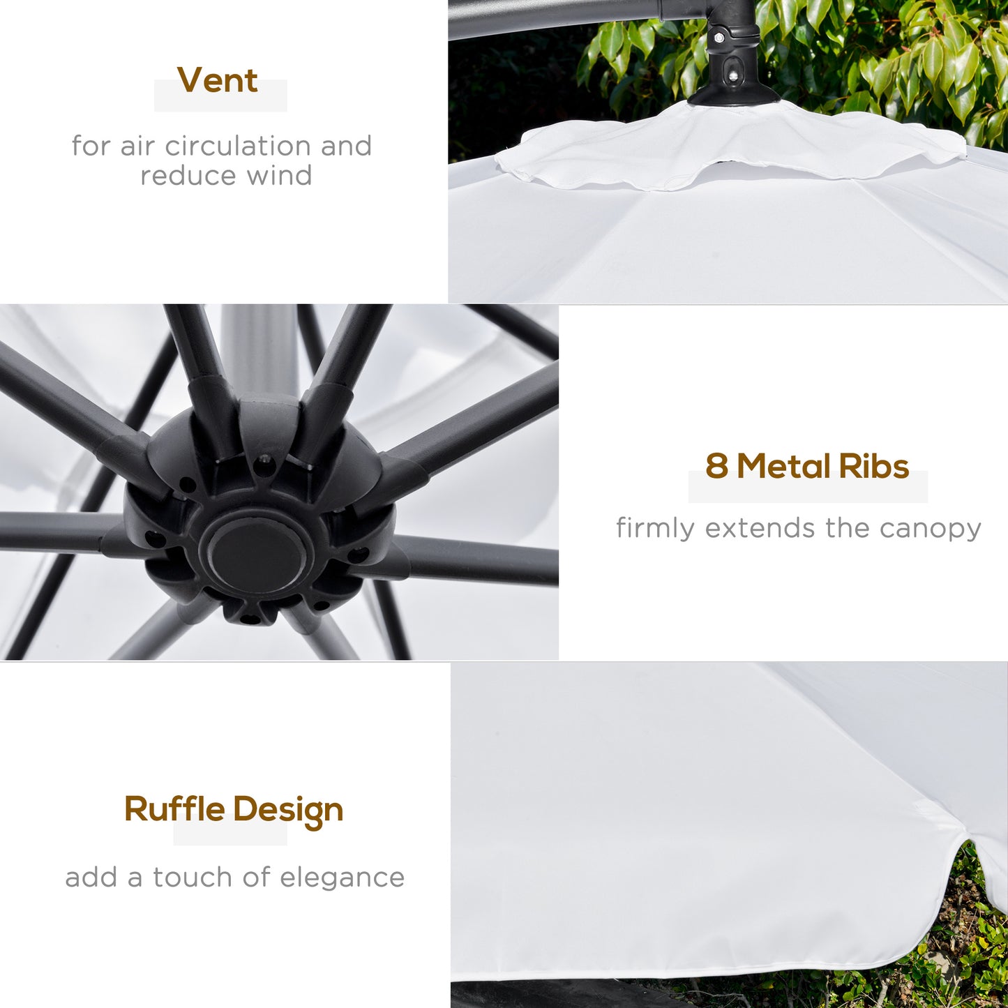 Outsunny 9FT Offset Hanging Patio Umbrella Cantilever Umbrella with Easy Tilt Adjustment, Cross Base and 8 Ribs for Backyard, Poolside, Lawn and Garden, White