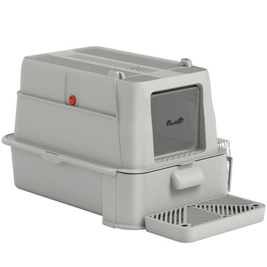 PawHut 80L XL Stainless Steel Cat Litter Box for Big Cats with Flip Cover, Pull-Out Drawer Tray, High Sided, Pedal, Light Grey