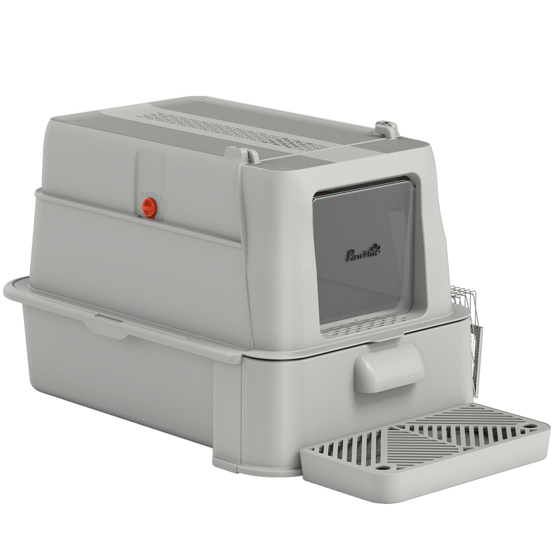 PawHut 80L XL Stainless Steel Cat Litter Box for Big Cats with Flip Cover, Pull-Out Drawer Tray, High Sided, Pedal, Light Grey