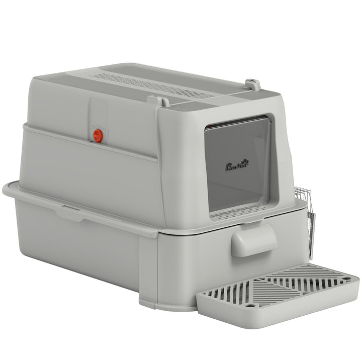 PawHut 80L XL Stainless Steel Cat Litter Box for Big Cats with Flip Cover, Pull-Out Drawer Tray, High Sided, Pedal, Light Grey