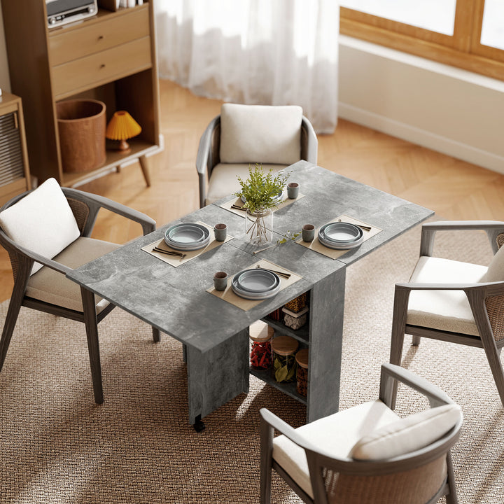 HOMCOM Extendable Dining Table, Collapsible Folding Table w/ 2-tier Shelves and Rolling Casters, Grey