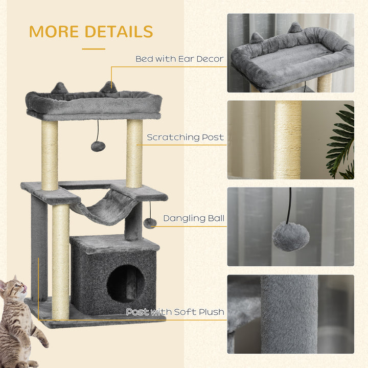 PawHut 39.25'' Cat Tree Tower Multi-Level Kitten House with Scratching Post Condo Hammock Bed Ball Toy - Grey