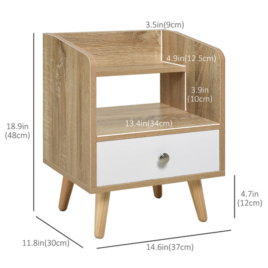 HOMCOM Bedside Table with 2-tier Shelf and Drawer, Side End Table with Storage for Living Room, Bedroom, Natural