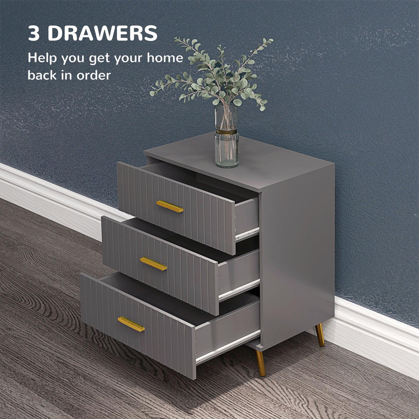 HOMCOM 3 Drawer Cabinet, Drawer Chest for Bedroom, Chest of Drawers with Aluminium Legs and Gold Handles, Dark Grey