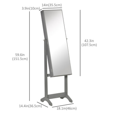 HOMCOM Mirror Jewelry Cabinet Armoire, Lockable Jewelry Organizer with Full-Length Mirror, 3 Angle Adjustable, Grey