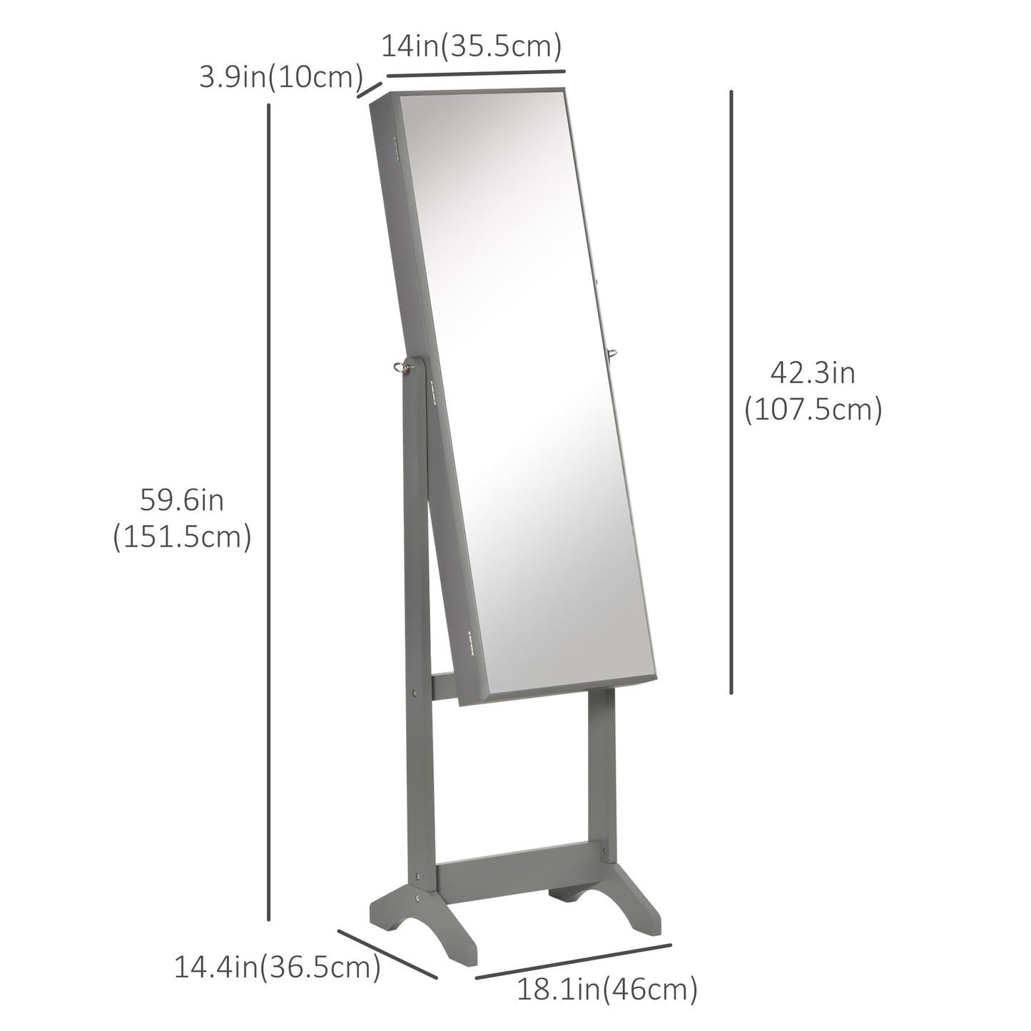 HOMCOM Mirror Jewelry Cabinet Armoire, Lockable Jewelry Organizer with Full-Length Mirror, 3 Angle Adjustable, Grey