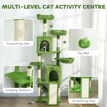 PawHut Cat Tree, 70" Multi-Level Cat Tower with 2 Condos, 2 Perches, Hammock, Toy Balls, Scratching Posts and Board, Green