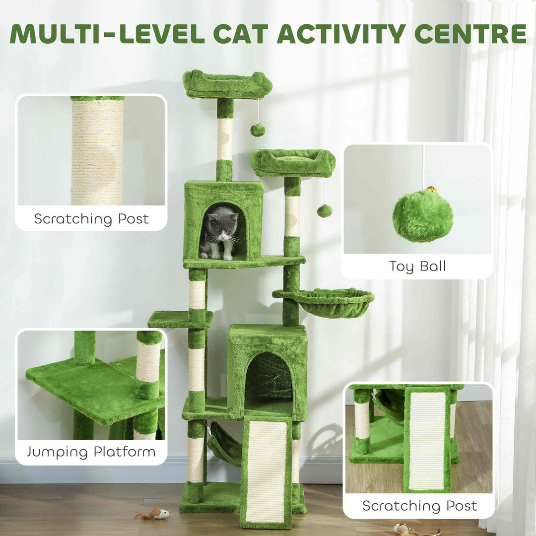 PawHut Cat Tree, 70" Multi-Level Cat Tower with 2 Condos, 2 Perches, Hammock, Toy Balls, Scratching Posts and Board, Green