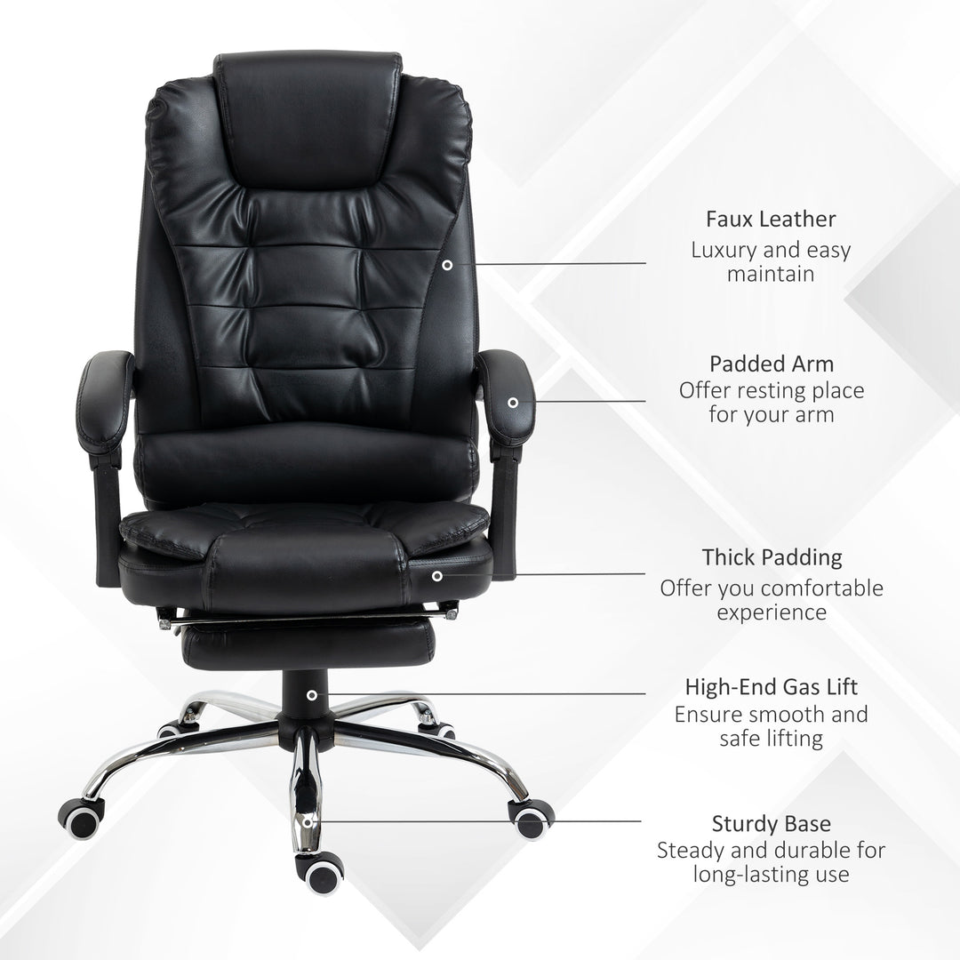 HOMCOM High Back Office Chair PU Leather Executive Office Chair with Retractable Footrest Padded Armrest Black