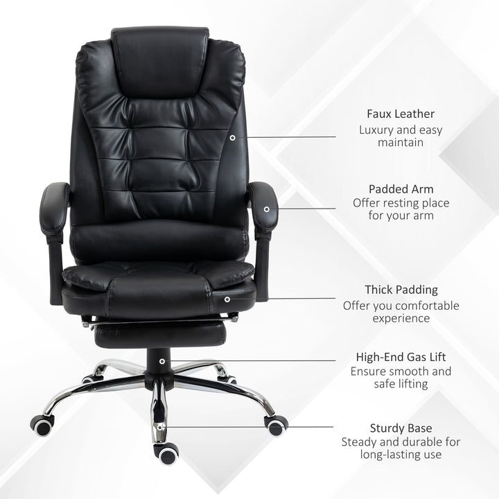 HOMCOM High Back Office Chair PU Leather Executive Office Chair with Retractable Footrest Padded Armrest Black