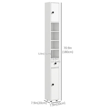 kleankin 71" Tall Bathroom Storage Cabinet, Narrow Bathroom Cabinet with Open Shelves, 2 Door Cabinets, Adjustable Shelves, for Kitchen, Hallway, Living Room, White