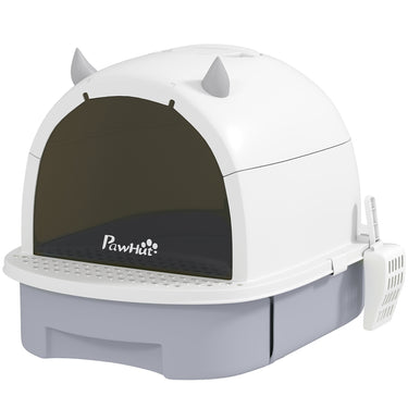 PawHut Cat Litter Box with Lid, Front Door Flap, Scoop, Handle, Easy Clean, for Small and Medium Cats, Grey