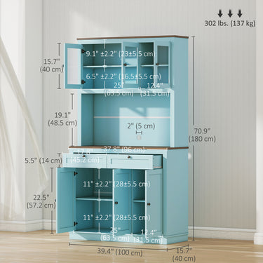 HOMCOM 71" Pantry Cabinet with Microwave Space, Buffet with Hutch, 2 Drawers, Adjustable Shelves and Glass Doors, Blue