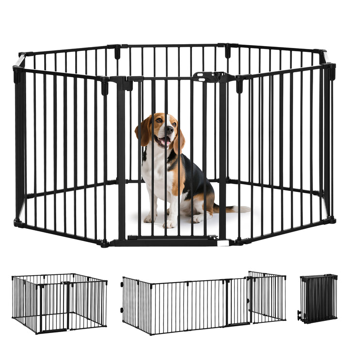 PawHut Dog Safety Gate 8-Panel Playpen Fireplace Christmas Tree Steel Fence Stair Barrier Room Divider Black