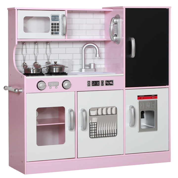 Qaba Play Kitchen for Kids, Kids Kitchen Playset w/ Chalkboard, Ice Maker, Play Phone, Sink, Microwave