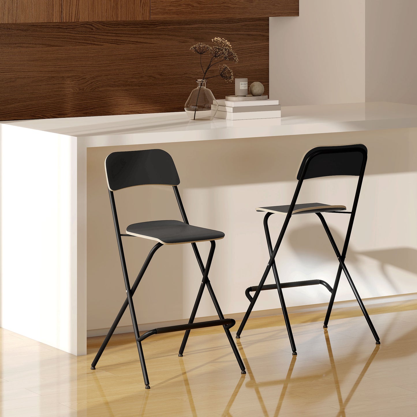 HOMCOM Folding Bar Stools Set of 2, Counter Height Foldable Stool with Wooden Effect Seat and Steel Frame for Kitchen, White