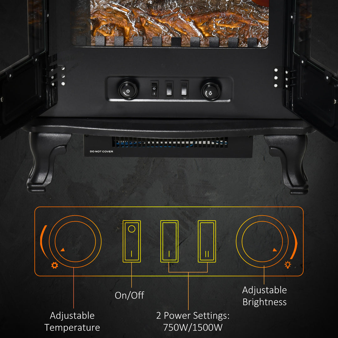 HOMCOM Electric Fireplace Stove Heater with LED Fire Flame Effect, Double Door, Freestanding & Portable with Overheat Protection, 750W/1500W, Black