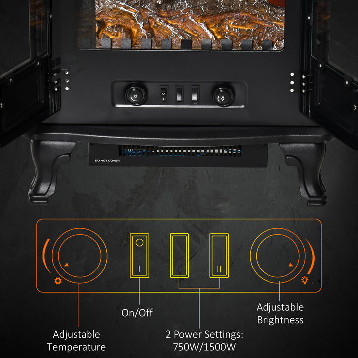 HOMCOM Electric Fireplace Stove Heater with LED Fire Flame Effect, Double Door, Freestanding & Portable with Overheat Protection, 750W/1500W, Black